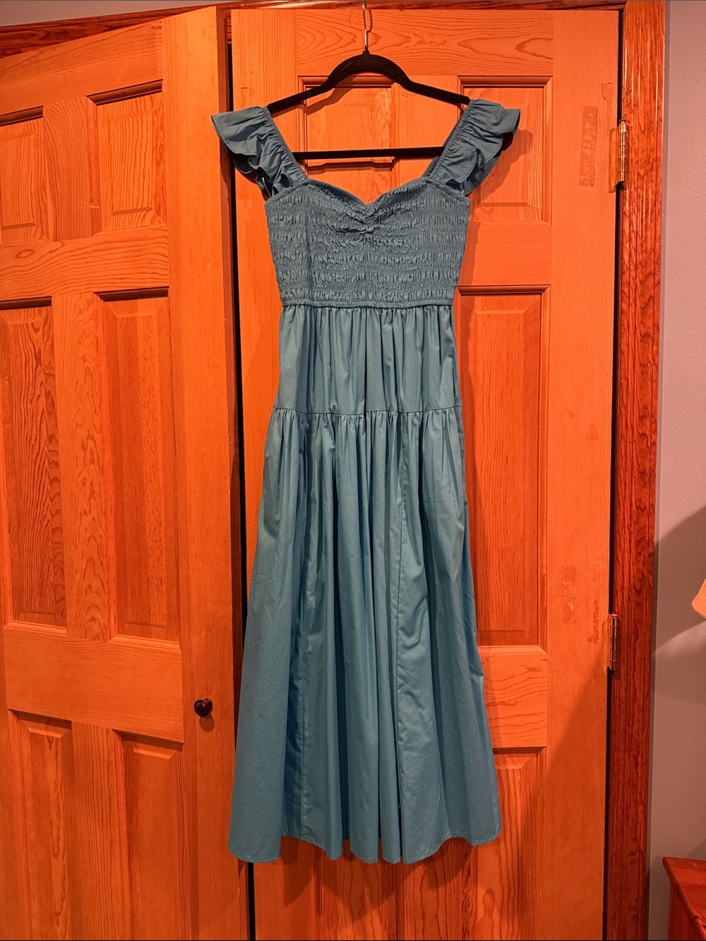 Abercrombie & Fitch Blue Tiered Midi Dress with Ruffle Straps